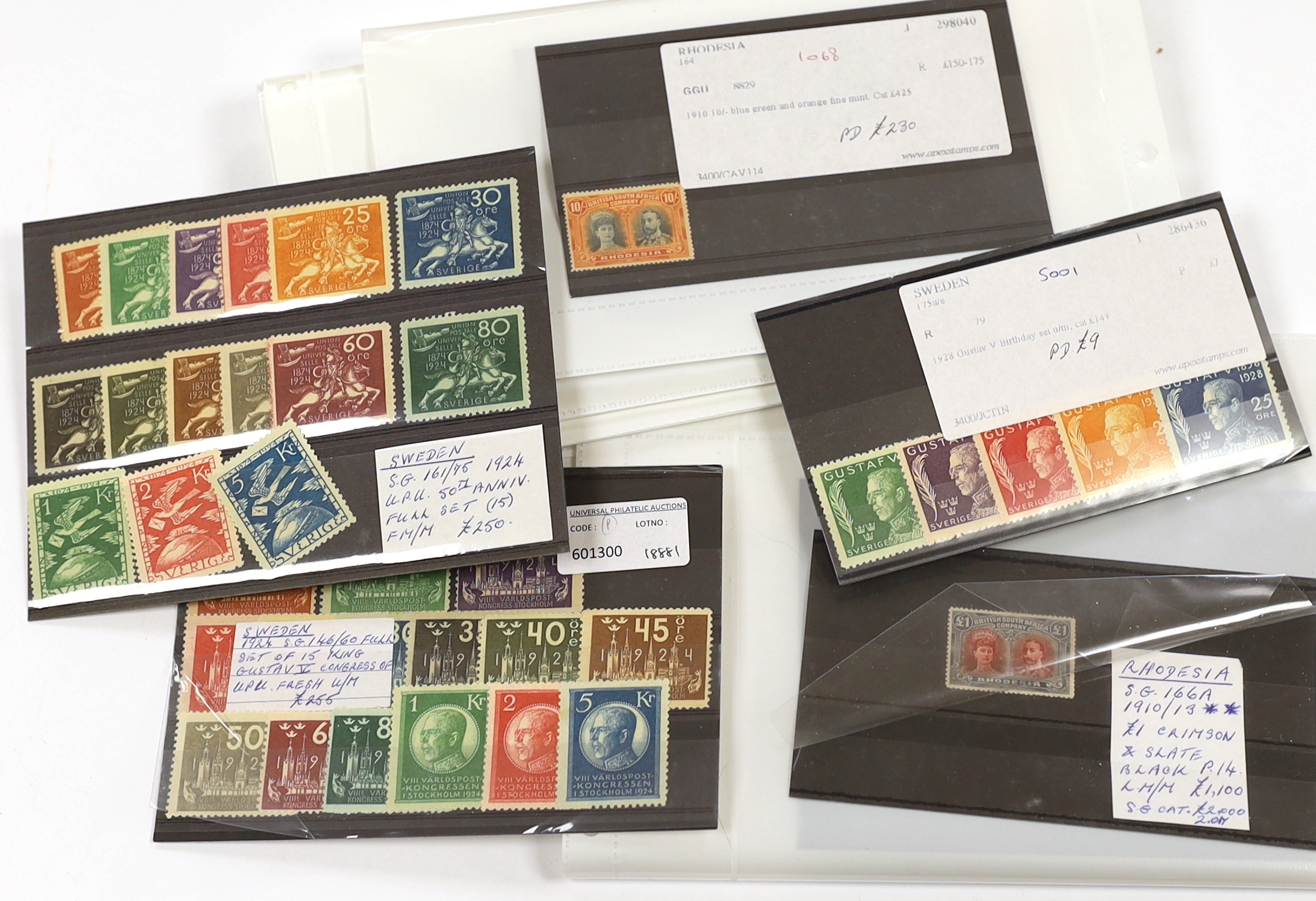 A selection of stamps with Rhodesia 1902-13 Double Heads to 2/-, 2/6d, (2), 5/-, 7/6d, 10/- and £1 including 5d lake brown and olive, also Sweden 1924 UPU and Congress sets mint, etc.